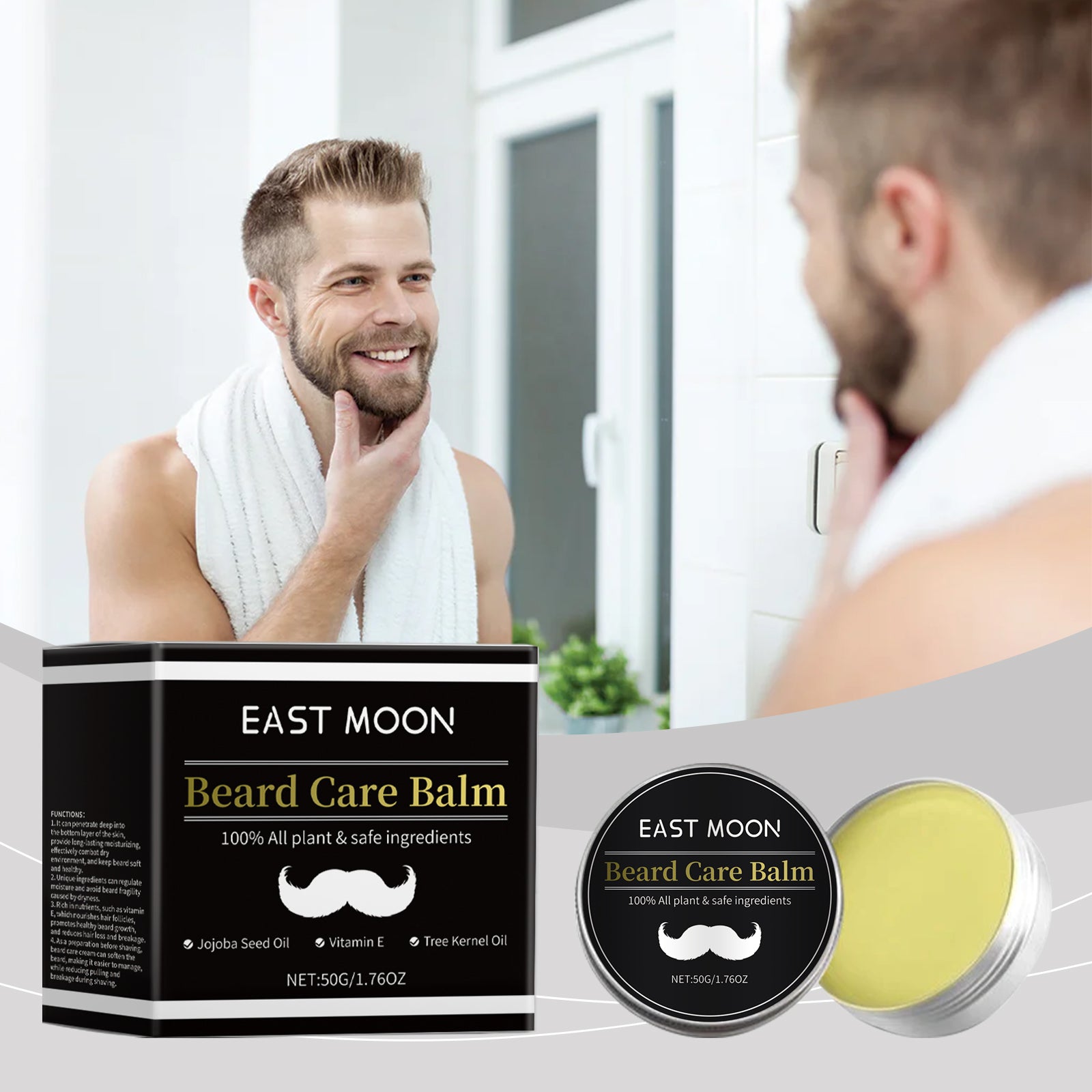 East Moon Men's Facial Hair Care Cream, Strong Beard Nourishing Thick Soft Bright Black Moisturizing Care