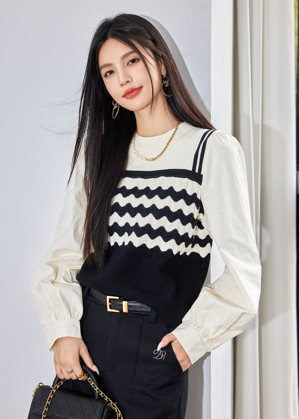 French Style Knitwear with Striped PatchworkElegant Women's Top