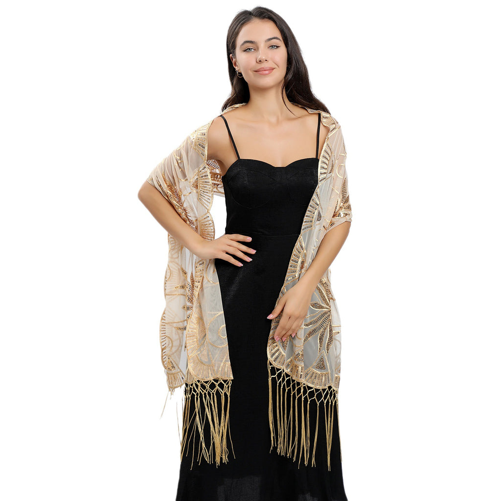 European and American Style Long Sequin Embroidered Cape for Bride, Bridesmaid, Party, Evening Dress Cape