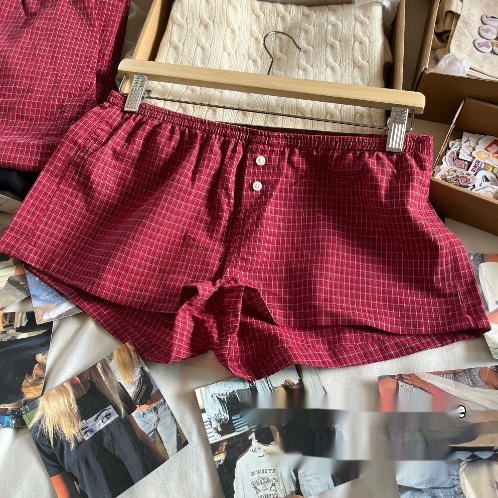 Elastic Waist Red Plaid Fastener Decoration Shorts For Women