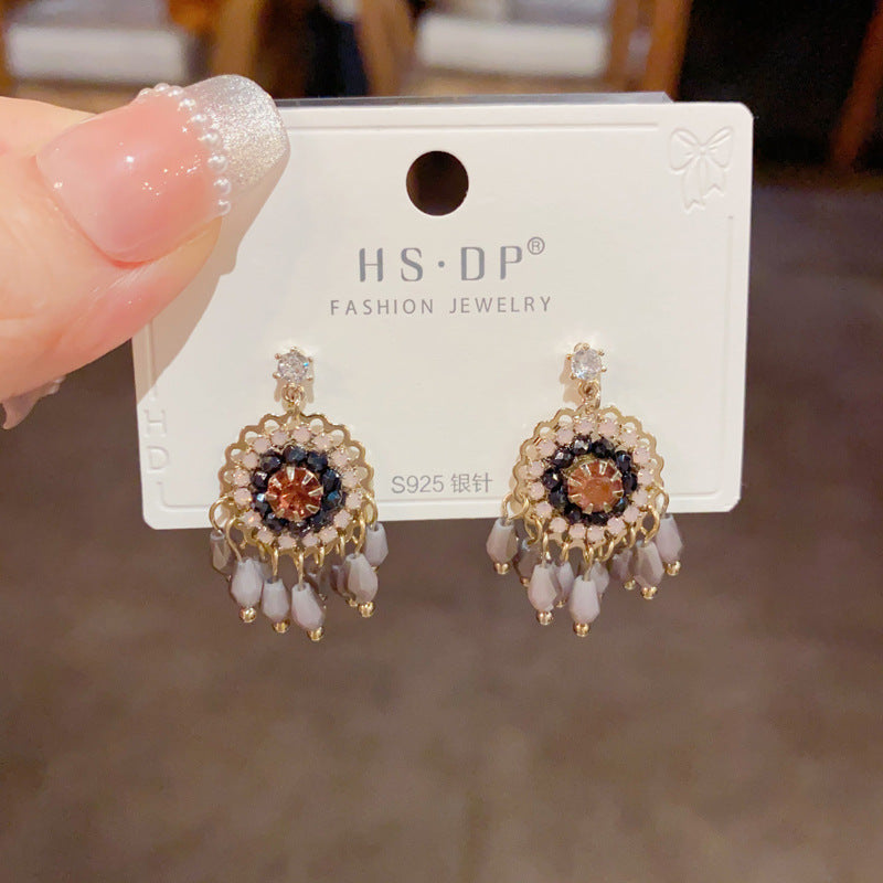 Diamond Embedded Round Crystal Tassel Earrings