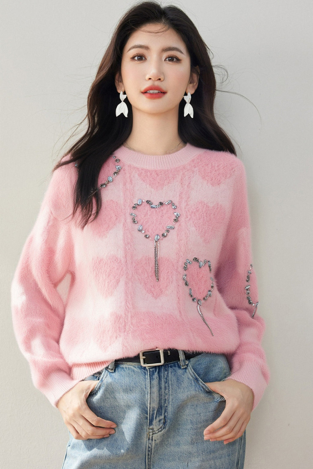 Charming Beaded Heart Knit Sweater for Women, Autumn/Winter Loose Fit Inner Layer Top