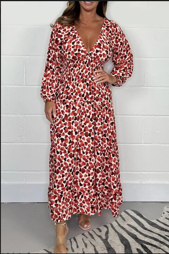 Women's Fashion High Waist V-neck Floral Dress