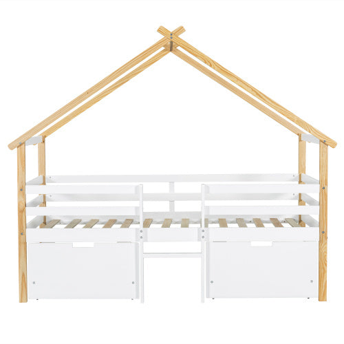Wooden Bed, Children S Bed, 3ft Single Bed 90x190cm, MDF  Pinewood  Plywood, Safety Guardrail, Two Storage Drawers With Wheels,Roof Shape, White  Natural