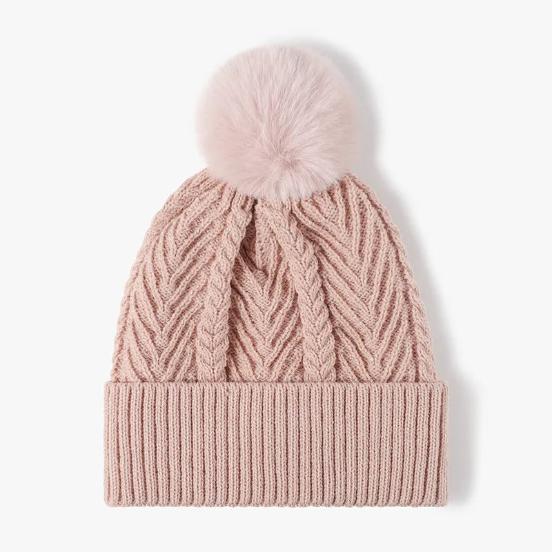 Cable Knit Solid Color Hat with Pompom