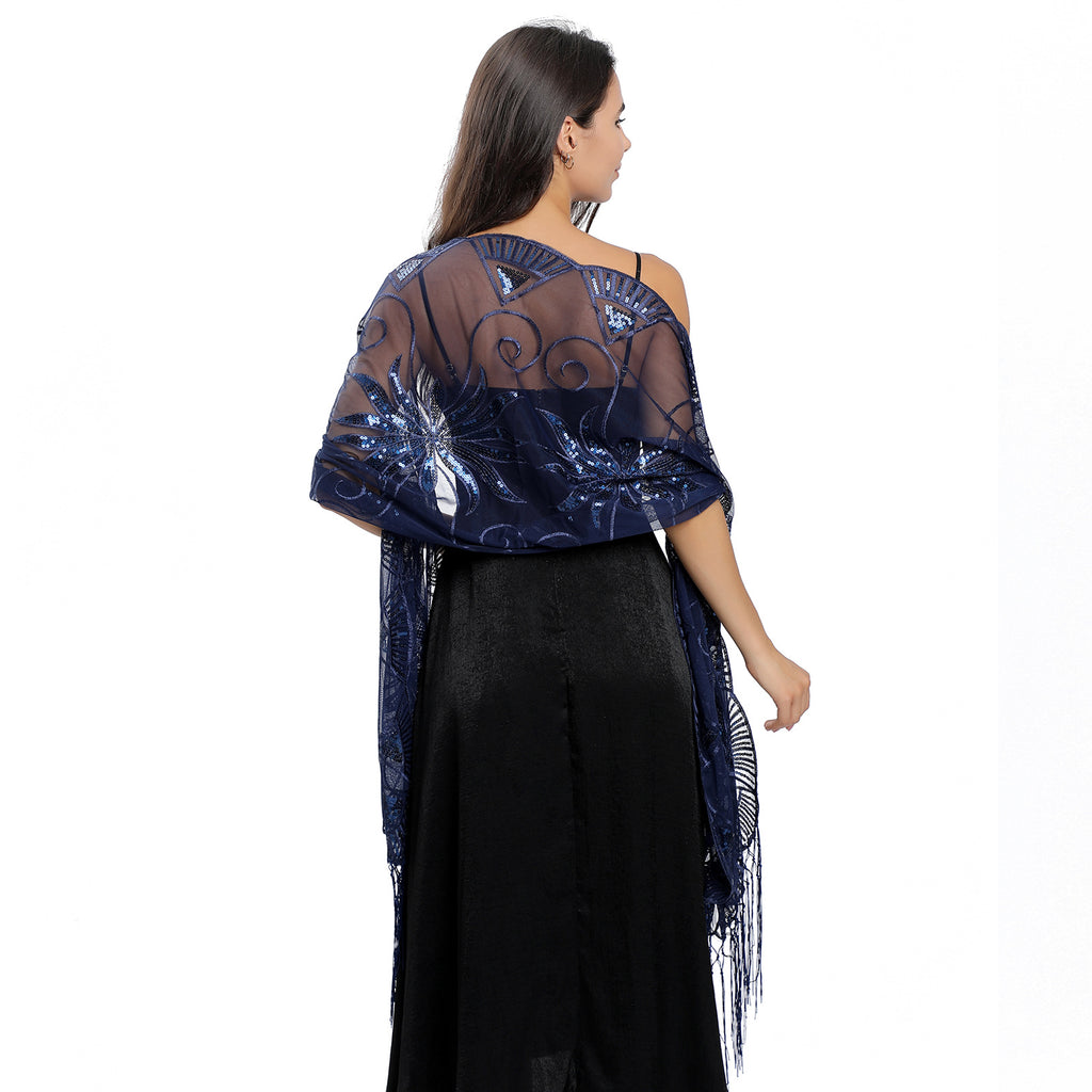European and American Style Long Sequin Embroidered Cape for Bride, Bridesmaid, Party, Evening Dress Cape