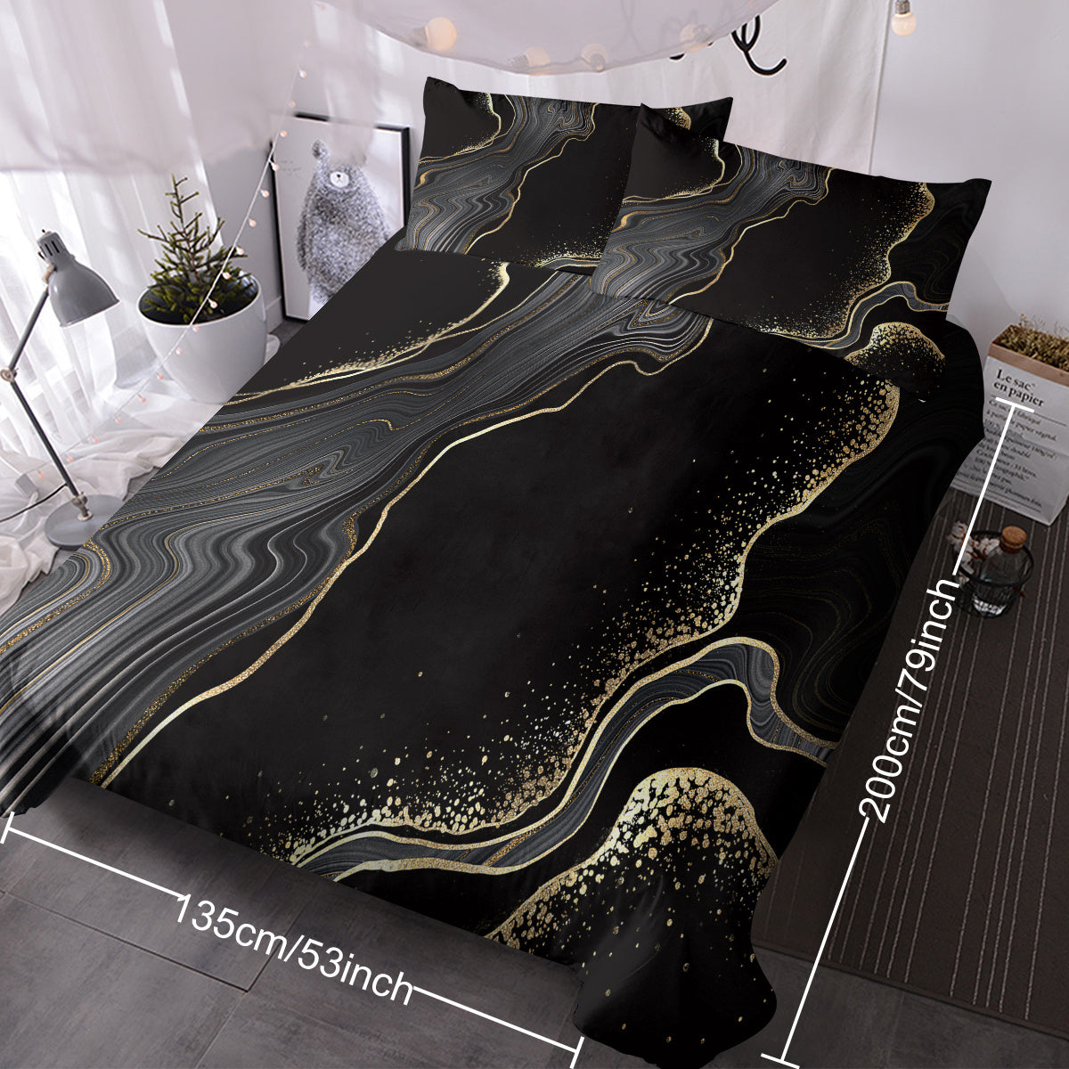 Black Gold Grey Marble Bedding Watercolor Marble Duvet Cover Set Abstract Chic Printed Design Quilt Cover Single 1 Duvet Cover 2 Pillowcases