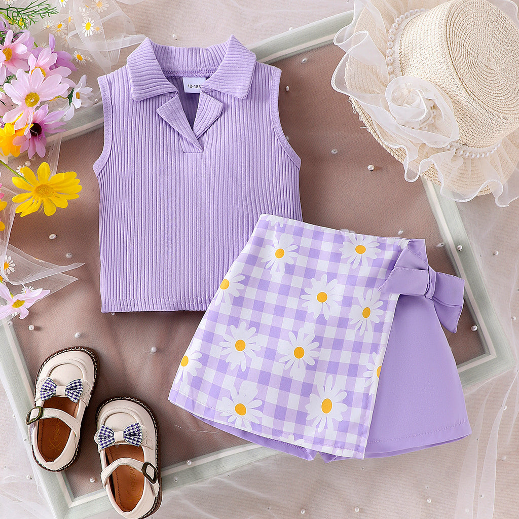 Girls' Fashion Plaid Stitching Shorts Suit