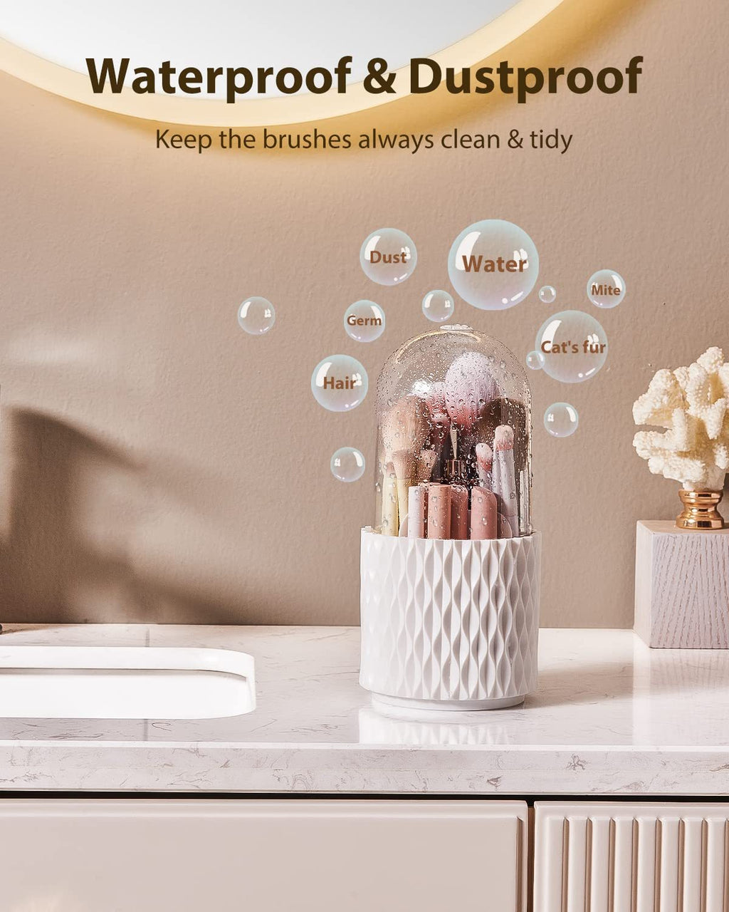 Makeup Brush Holder Dustproof & Waterproof 360 Rotating Cosmetics Make Up Brush Organizer Storage With Lid For Vanity