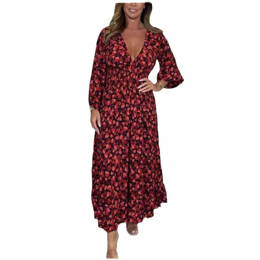 Women's Fashion High Waist V-neck Floral Dress