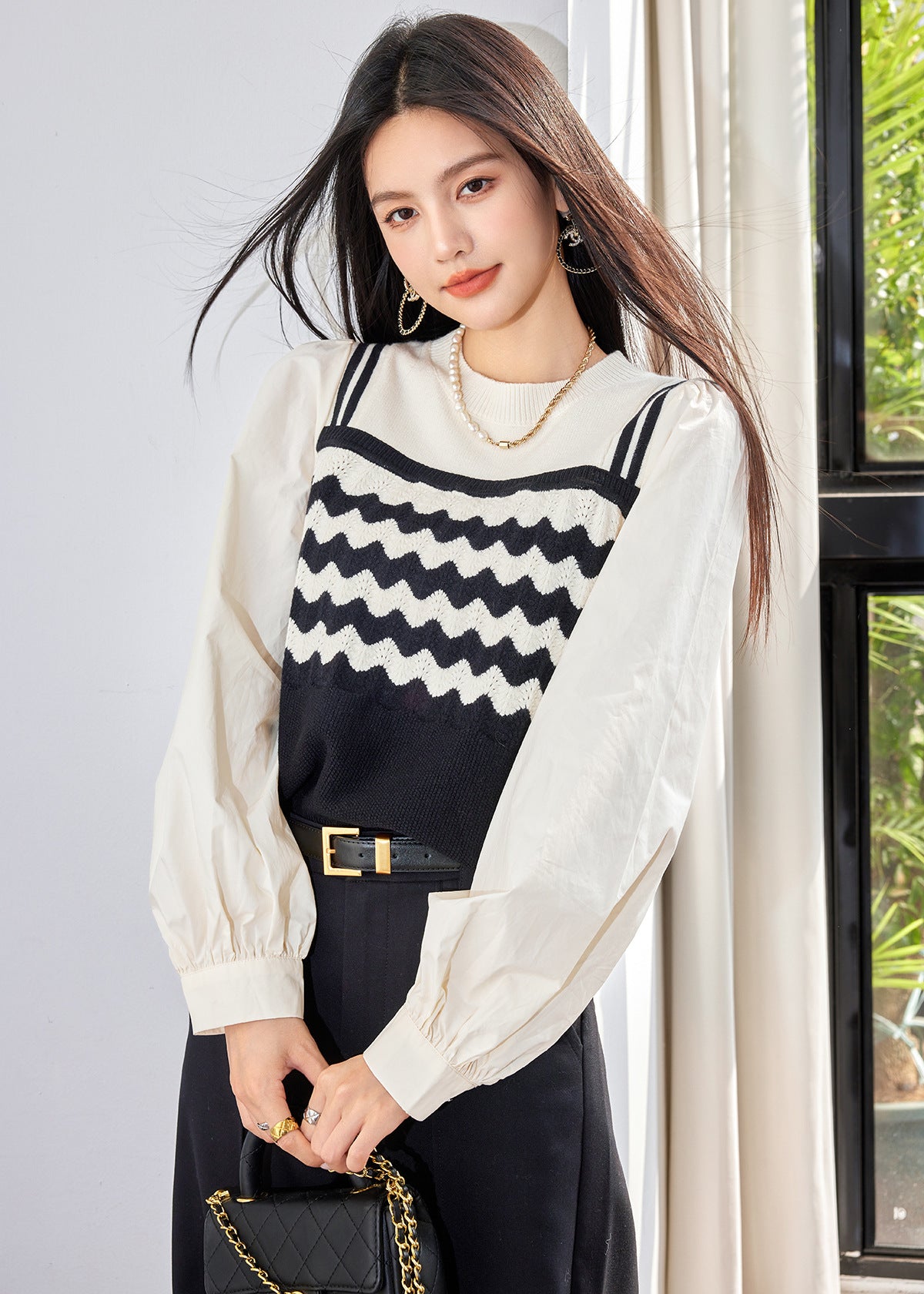French Style Knitwear with Striped PatchworkElegant Women's Top