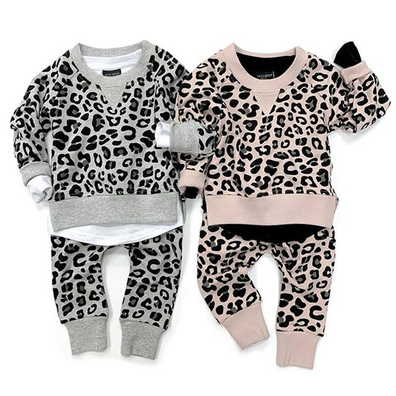 Hot Sale Girls Leopard Print Tops Pants Kid's Set Children's Autumn Clothes