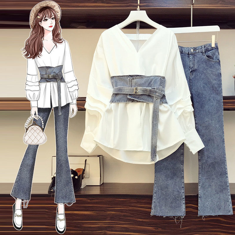Large Women''s Dress 200 Jin Fat Sister Spring Suit Femininity Waist Shirt High Waist Jeans Two Piece Set