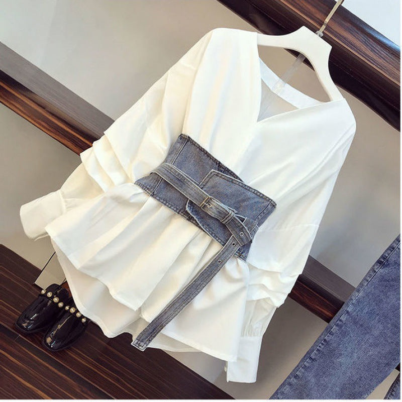 Large Women''s Dress 200 Jin Fat Sister Spring Suit Femininity Waist Shirt High Waist Jeans Two Piece Set