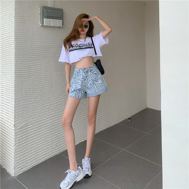 Jeans Women''S High Waisted Slim Loose Straight Shorts Summer Zebra Grain Slim Wide Leg Pants