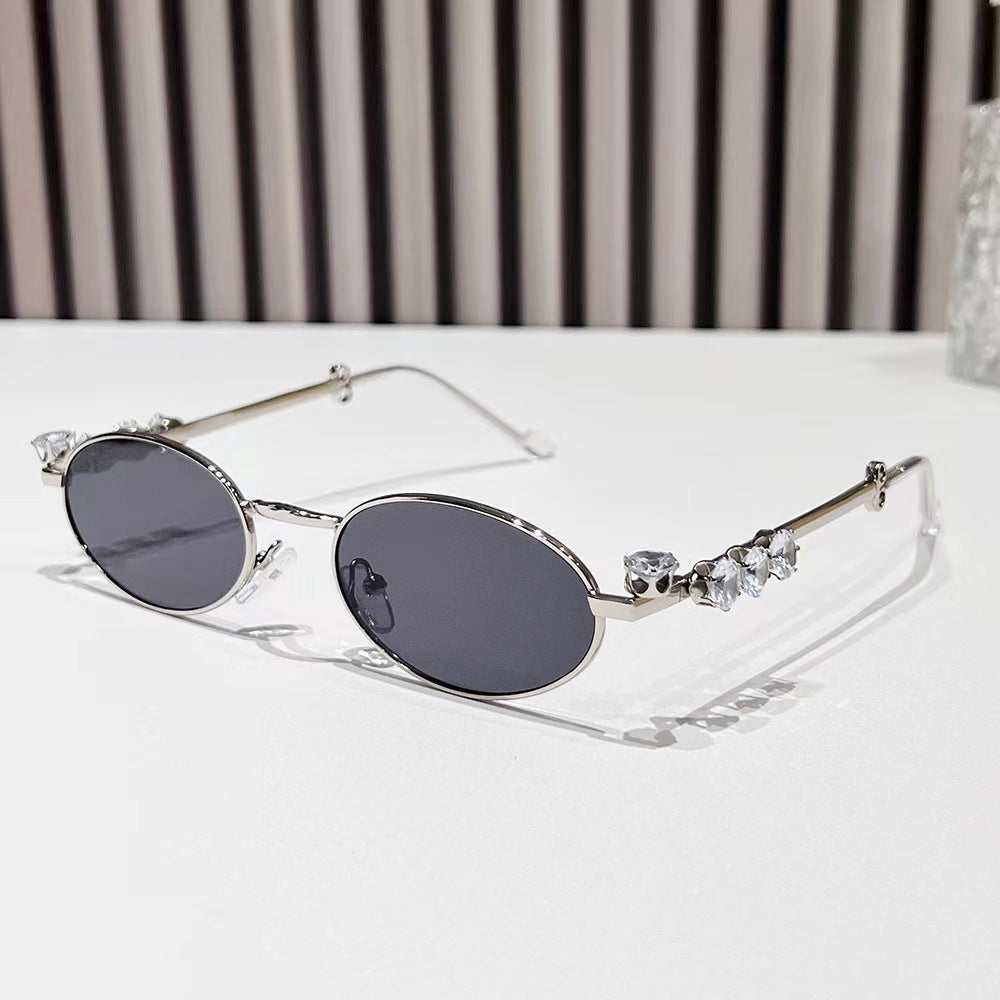 Metal inlaid diamond oval frame glasses resin anti blue light glasses rhinestone sunglasses