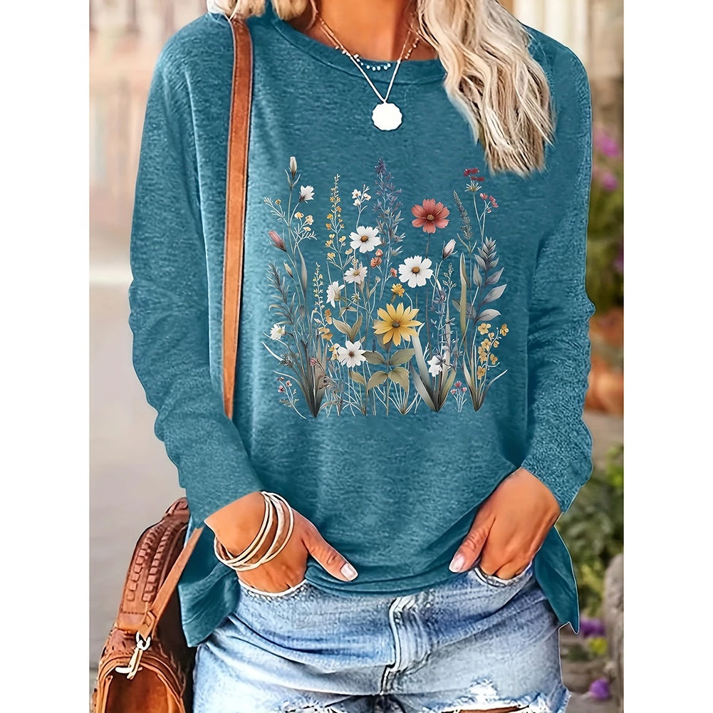 2 Pack Flowers Graphic Long Sleeve Tees Shirts For Women Casual Loose Fitted Tshirts Boho Wildflower Trendy Tops