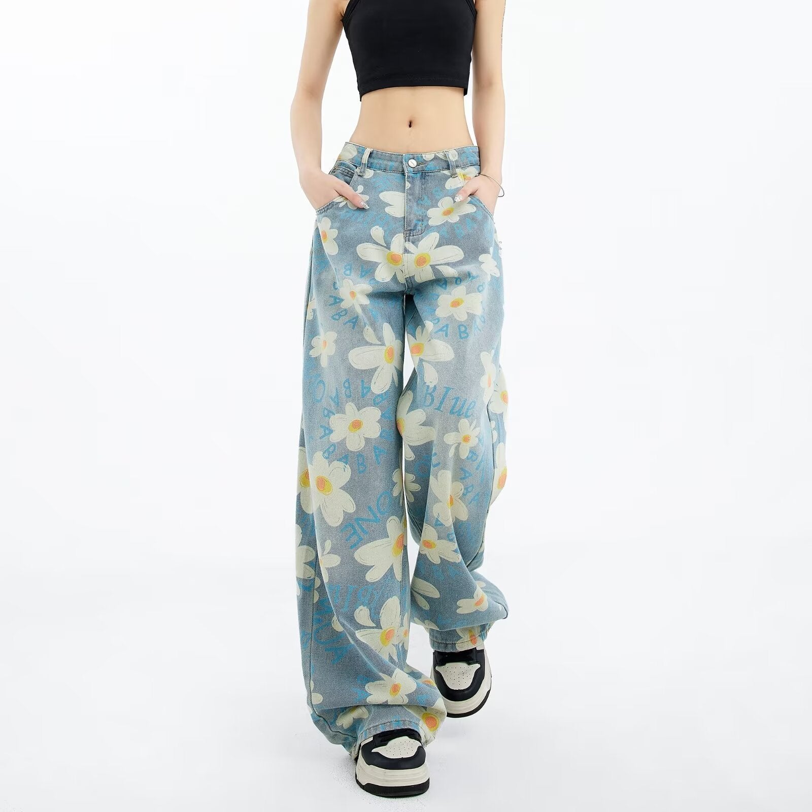 New Summer Printed Floral Wide-leg Washed Jeans For Women