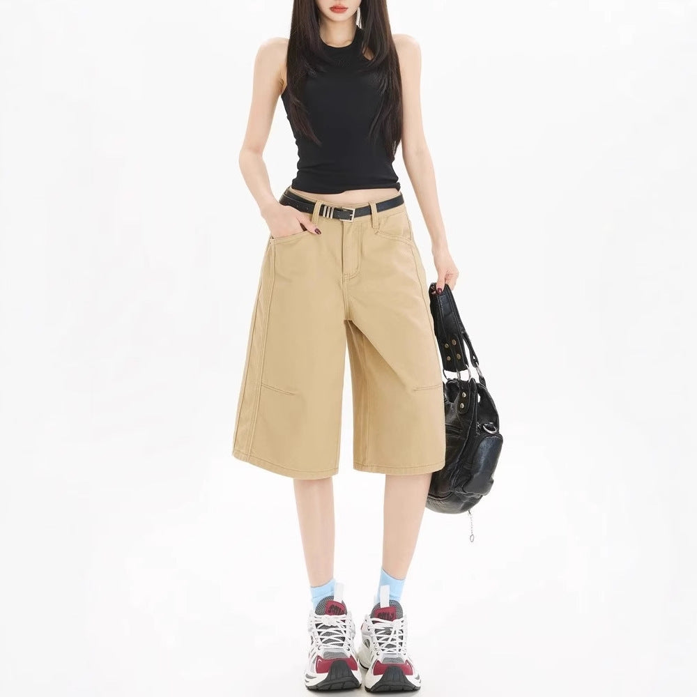Khaki Workwear Wide Leg Cropped Denim Women's Shorts