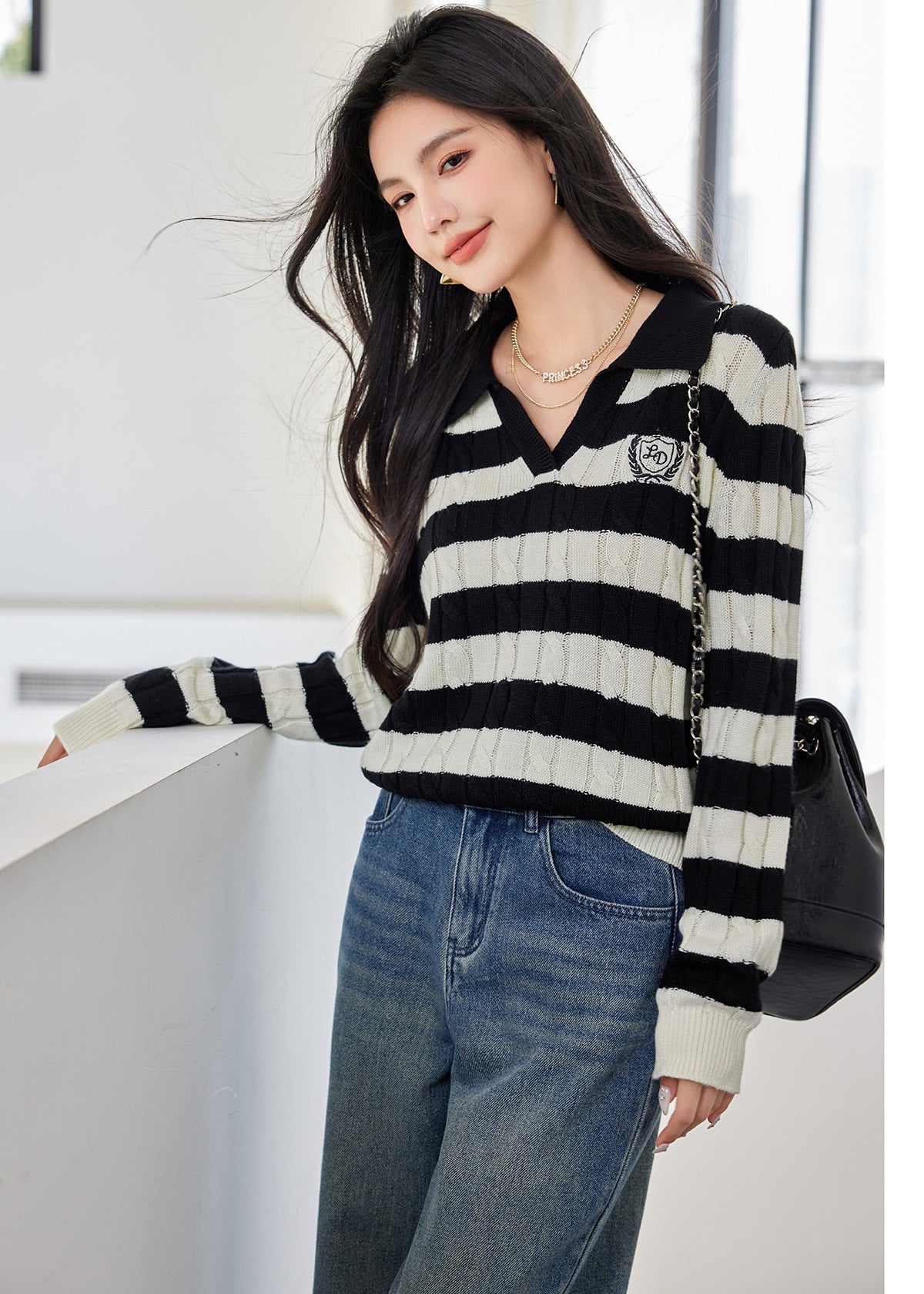 Academy Style Turn-Down Collar Knit Sweater for Women, Autumn/Winter Innerwear, Vintage Polo Shirt Top