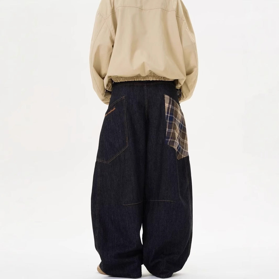 Fashion Plaid Stitching Sickle Wide-leg Jeans For Men