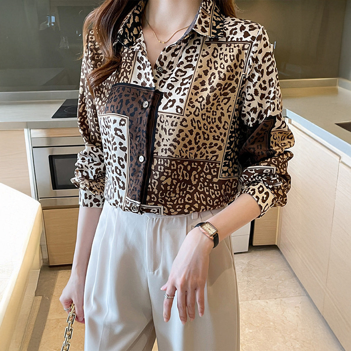 Casual Vacation Leopard Print Button Long Sleeve Shirt Women's Clothing