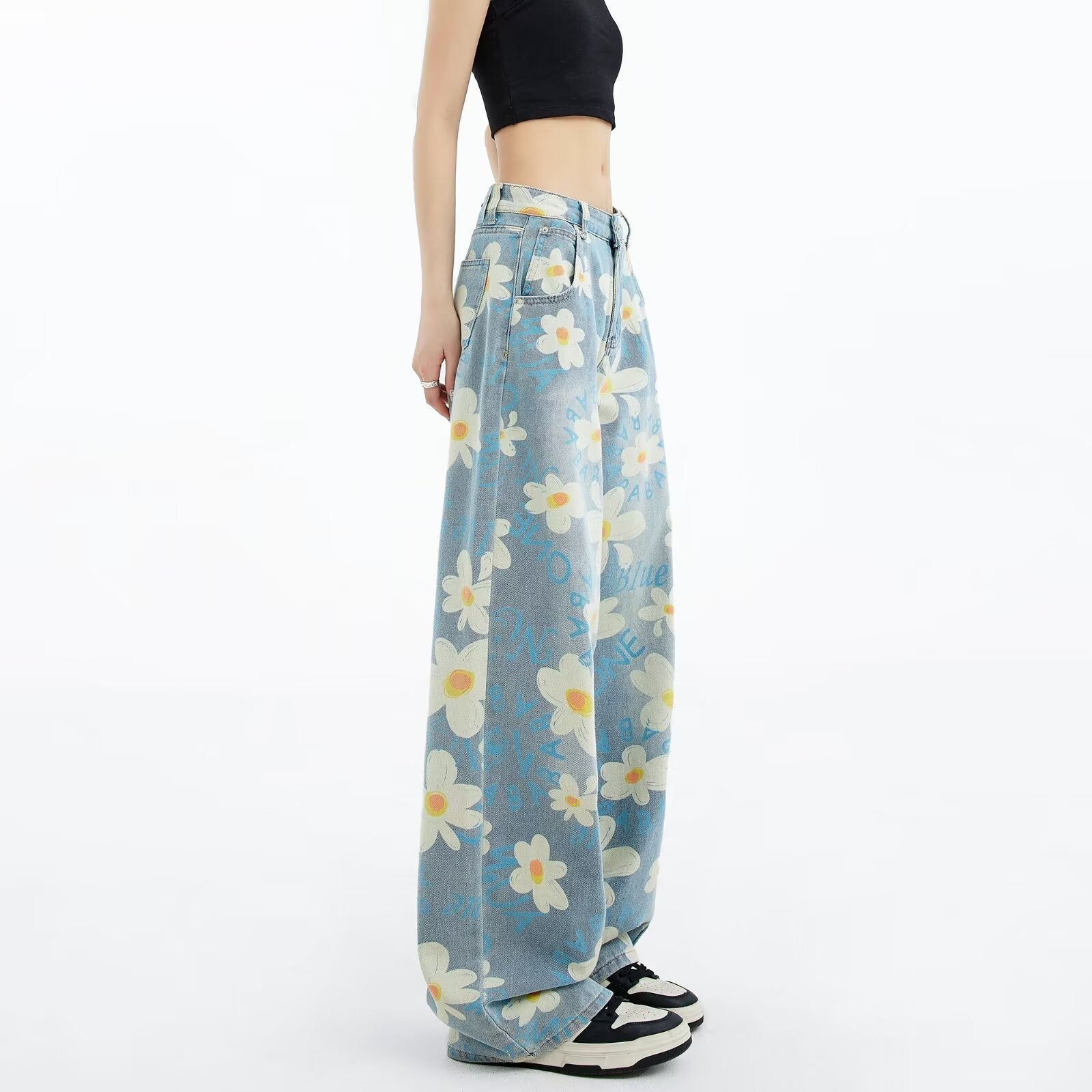 New Summer Printed Floral Wide-leg Washed Jeans For Women