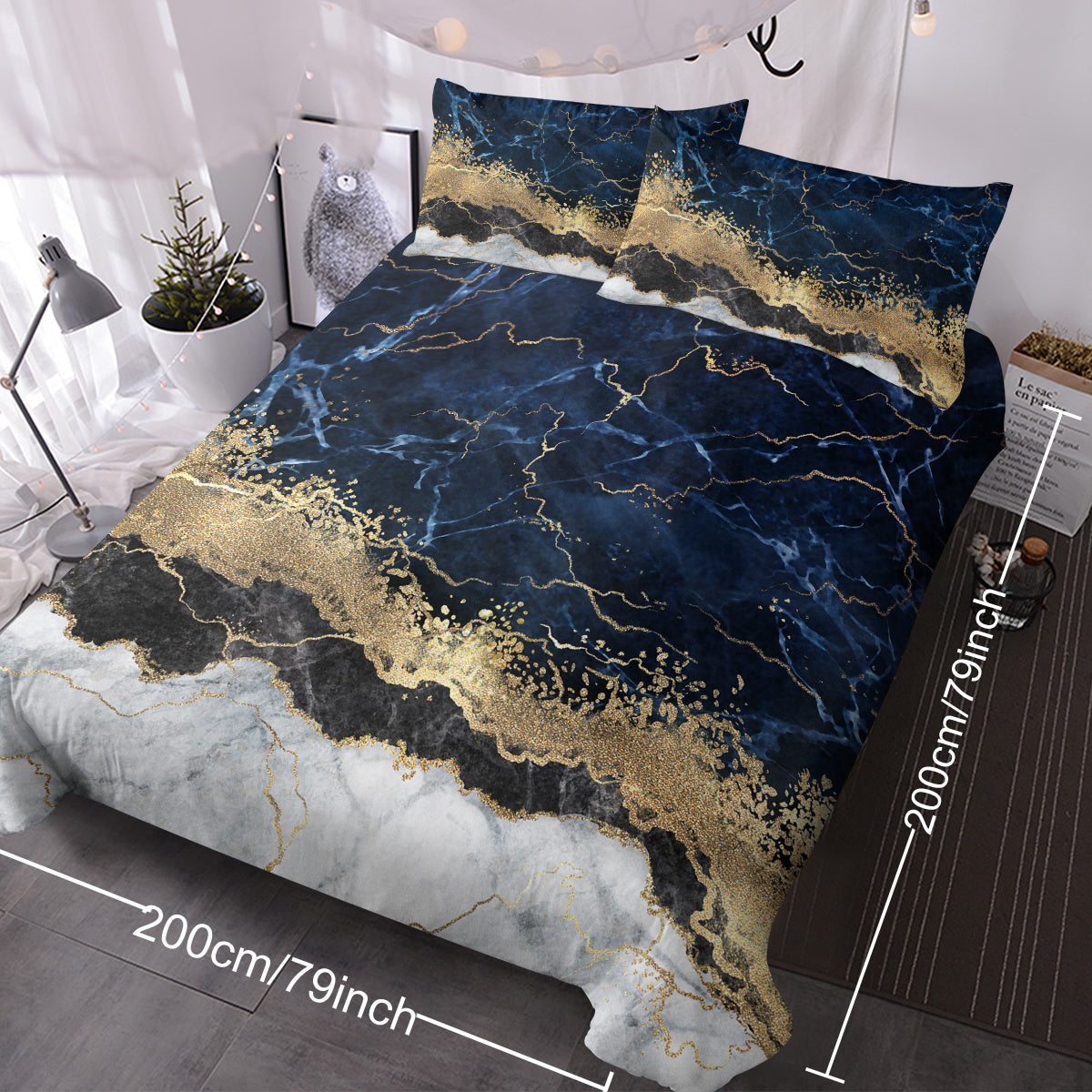 Chic Marble Bedding White Marble Gilded Navy Blue Duvet Cover Set Trendy Printed Design Bed Quilt Cover Set King 1 Duvet Cover 2 Pillowcases