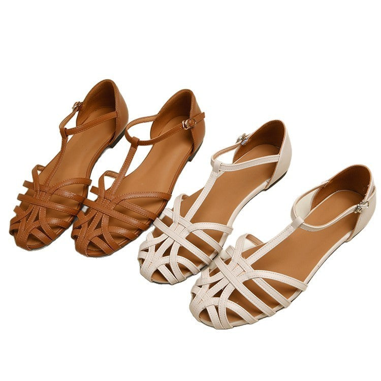 Women's T-shaped Solid Color Flat Sandals