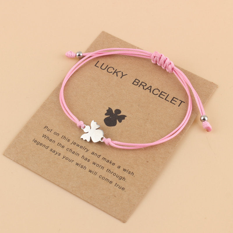 Couple Woven Adjustable Wax Line Stainless Steel Angel Bracelet