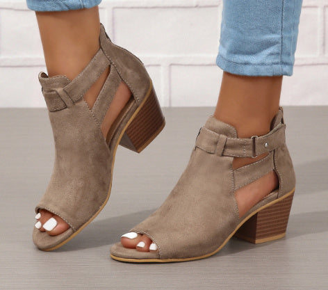 Thick-heeled High-heeled Roman Fish Mouth Hollowed Large Size 43 Buckle Sandals