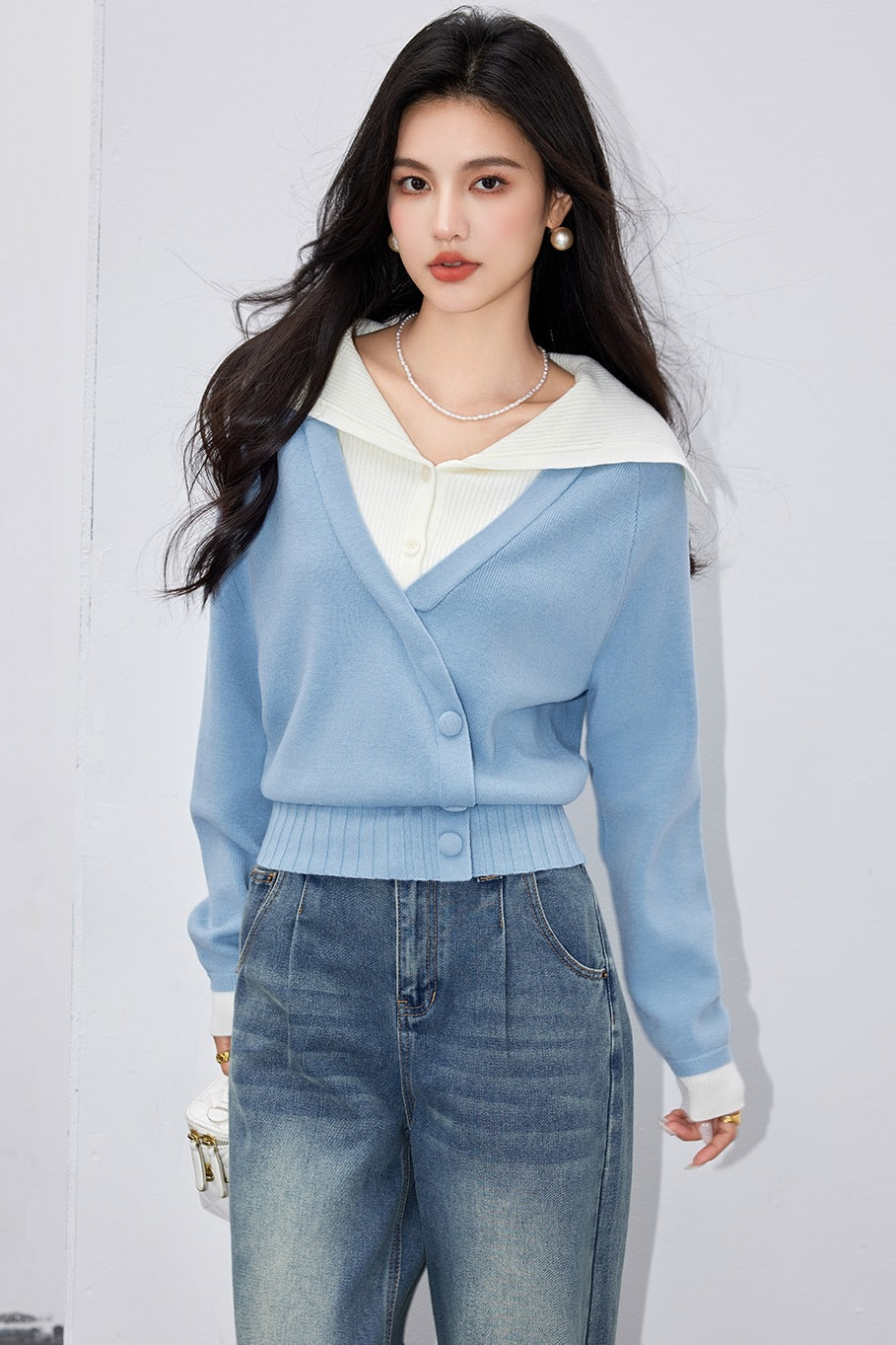 French Style Knit Sweater for Women Color-Blocking Stitched, Long Sleeve  Casual Wear