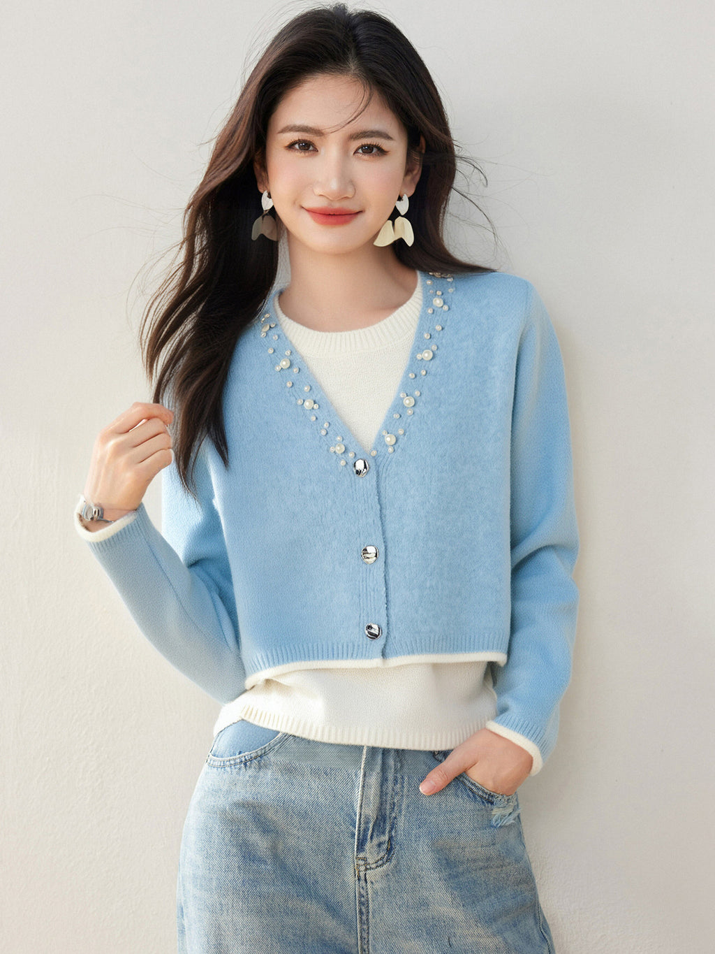 Office Wear◆Knitwear Two-Piece Set with Beaded Design, Casual Style Long Sleeve Top