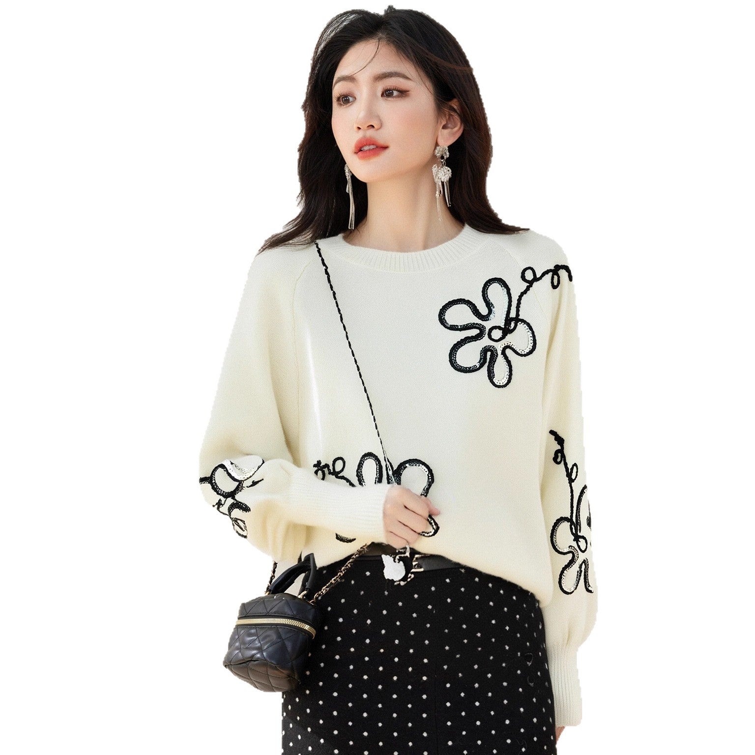 Chic Embellished Long Sleeve Round Neck Pullover Sweater for Women