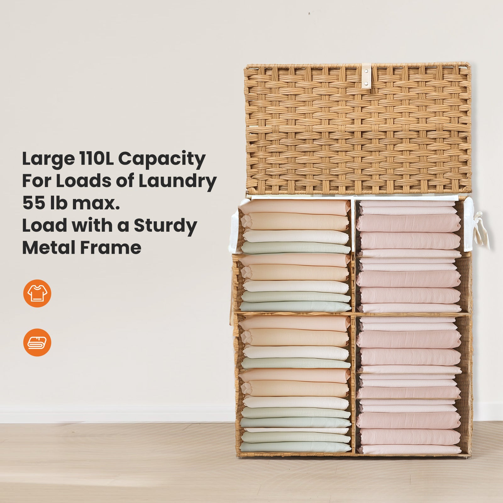 Laundry Basket With Lid, 110 L Hand-Woven Pp Rattan Laundry Basket With Compartments & Handles, Foldable, Removable Liner