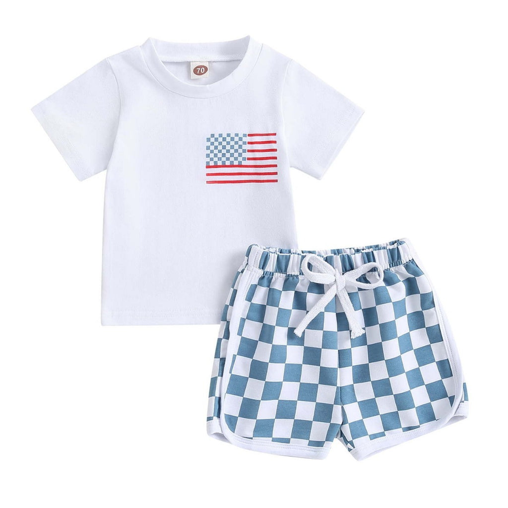 Baby Boy Shorts Short Sleeve Printed Chessboard Plaid Two-piece Set