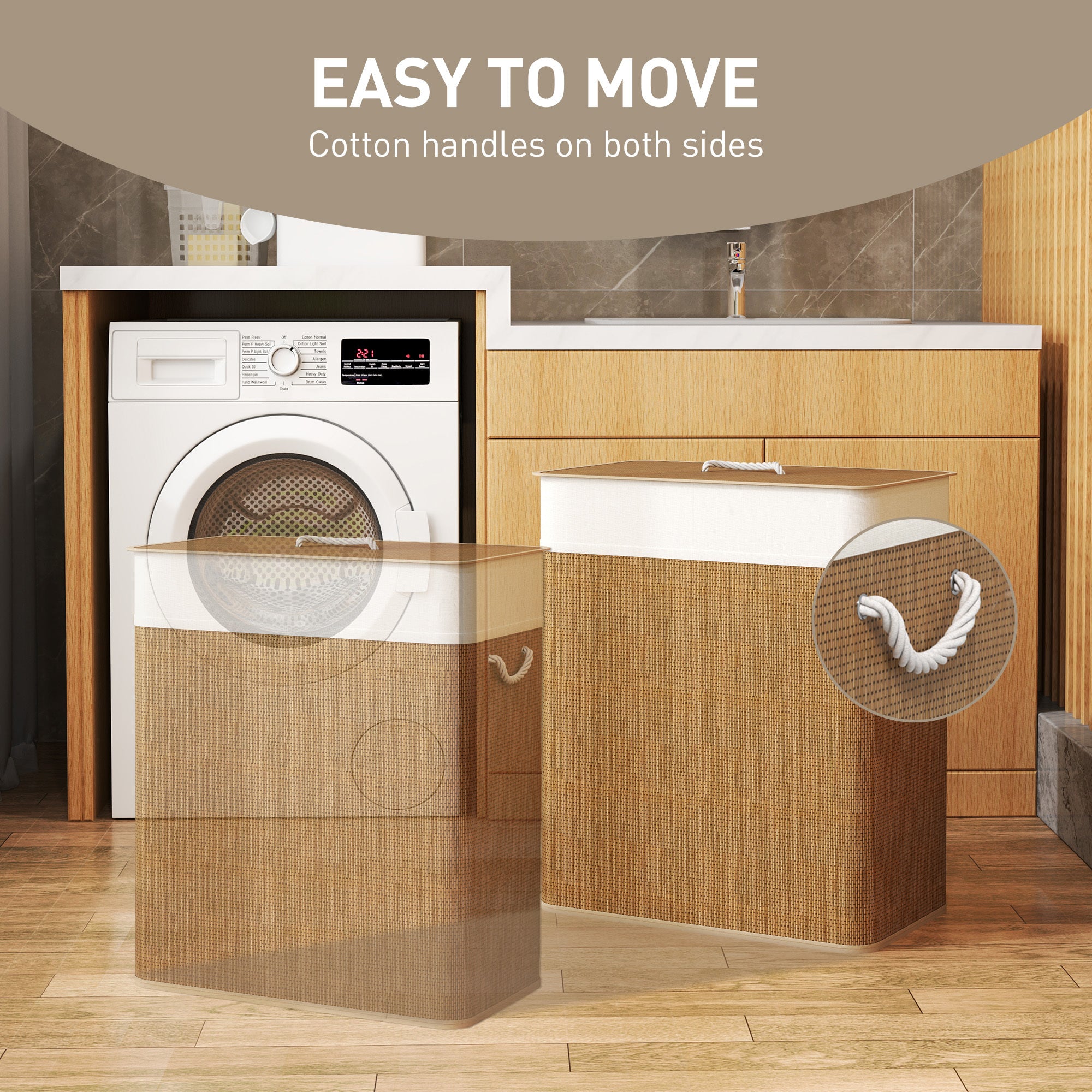 Double Laundry Basket With Lid, 26.4 Gallon Bamboo Laundry Hamper With Rope Handles And Removable Liner, Brown