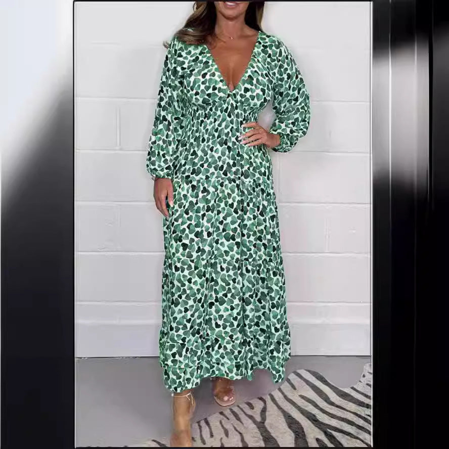 Women's Fashion High Waist V-neck Floral Dress