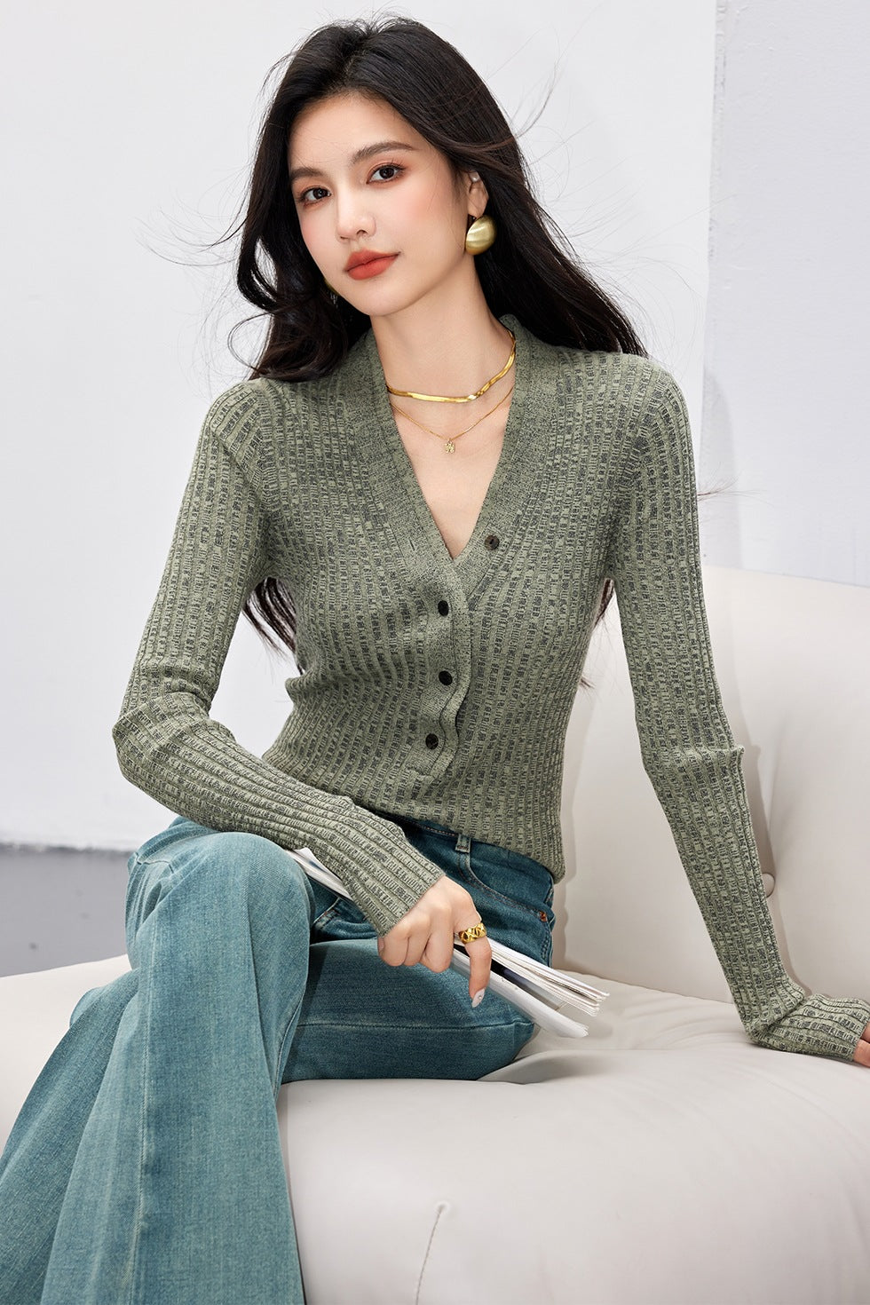 Perfectly Sexy Wool Double-Layer Half-Open Narrow V-Neck Ribbed Fitted Knitwear