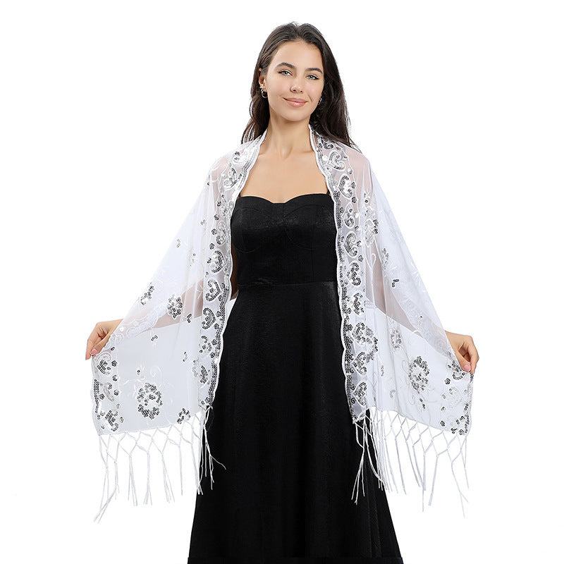 Flower Sequin Embroidered Long Fringe Shawl for Bride Bridesmaid Party Evening Dress Women