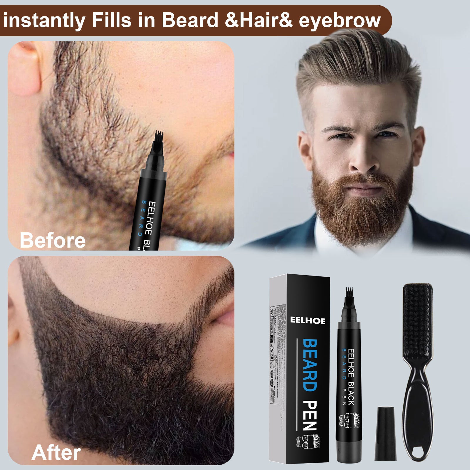 Beard Refill Pen Kit Men's Beard Natural Waterproof Beard Pen Beard Tracing Pen