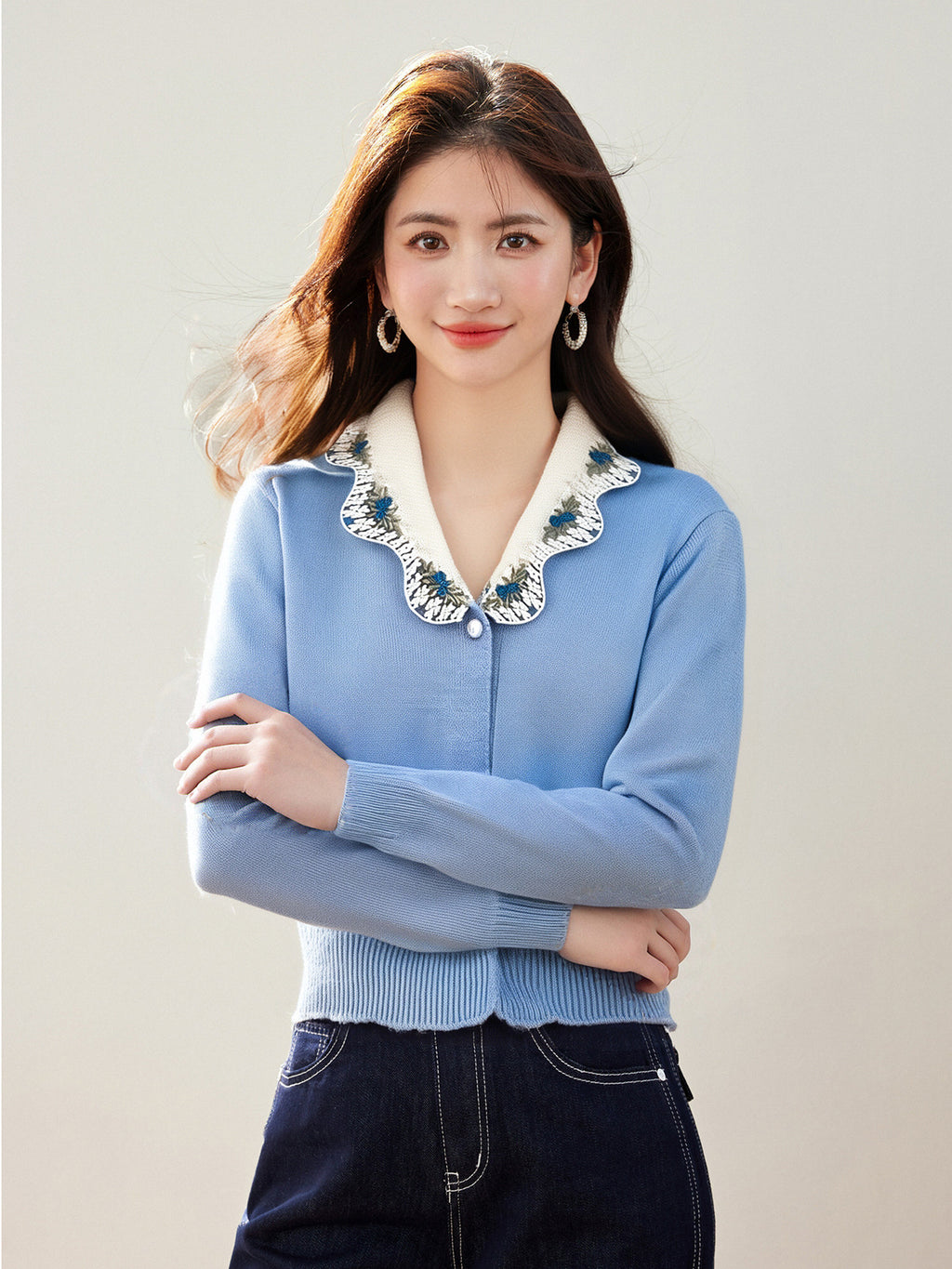 Sweet Lace Embroidery Trim Neck Knit Cardigan Top for Women