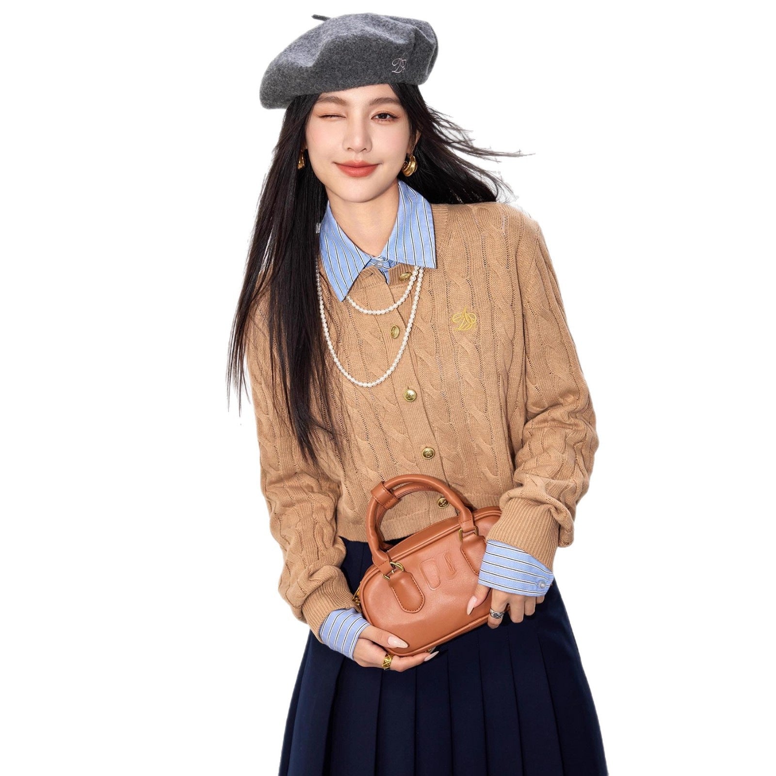 Chic Gray Knit Cardigan with Cable Pattern Long Sleeve Fitted Top for Women