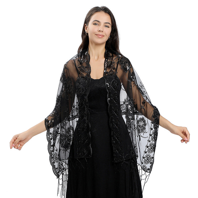 Flower Sequin Embroidered Long Fringe Shawl for Bride Bridesmaid Party Evening Dress Women