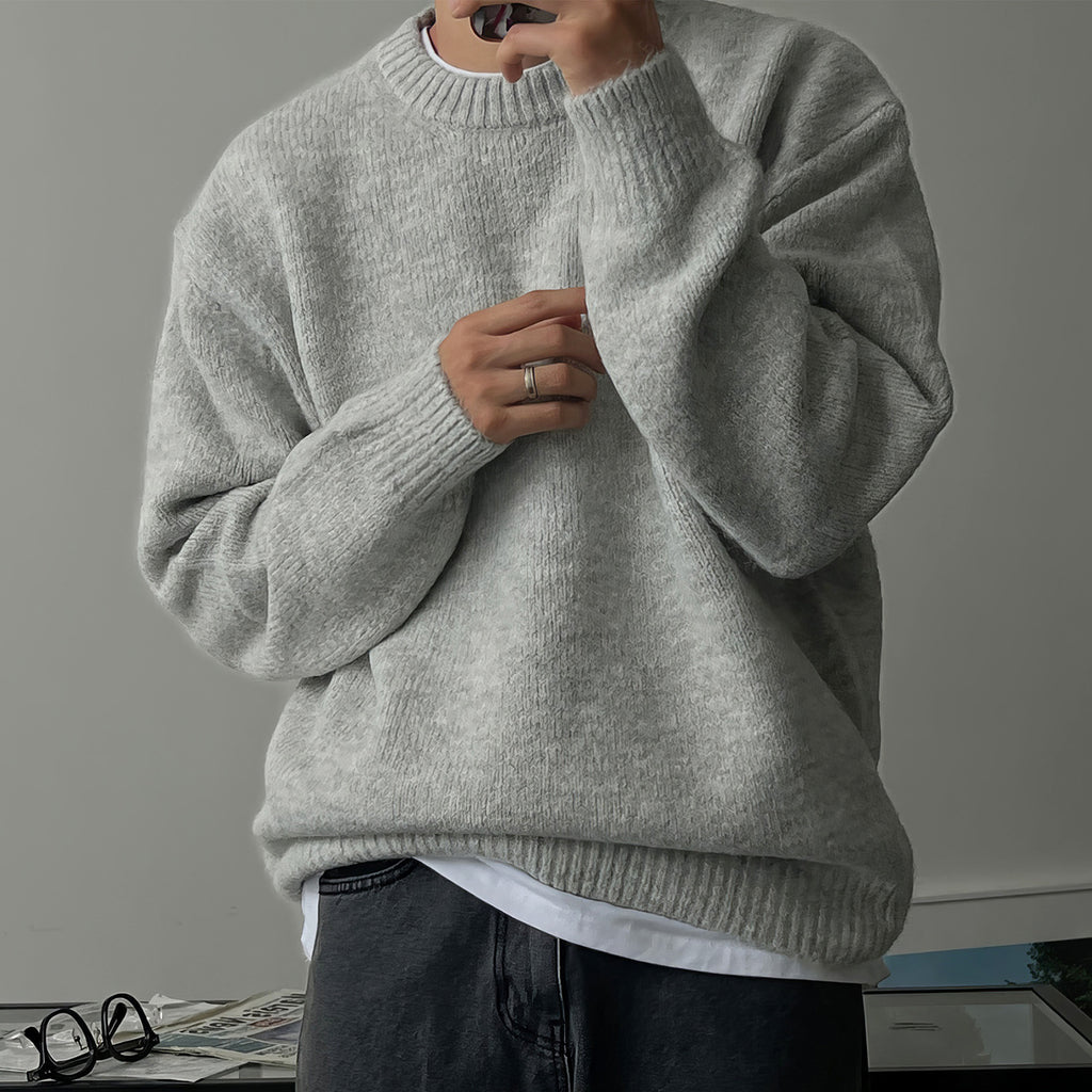 Solid Color Drop-shoulder Round Neck Sweater Men's Warm Thickened Sweater