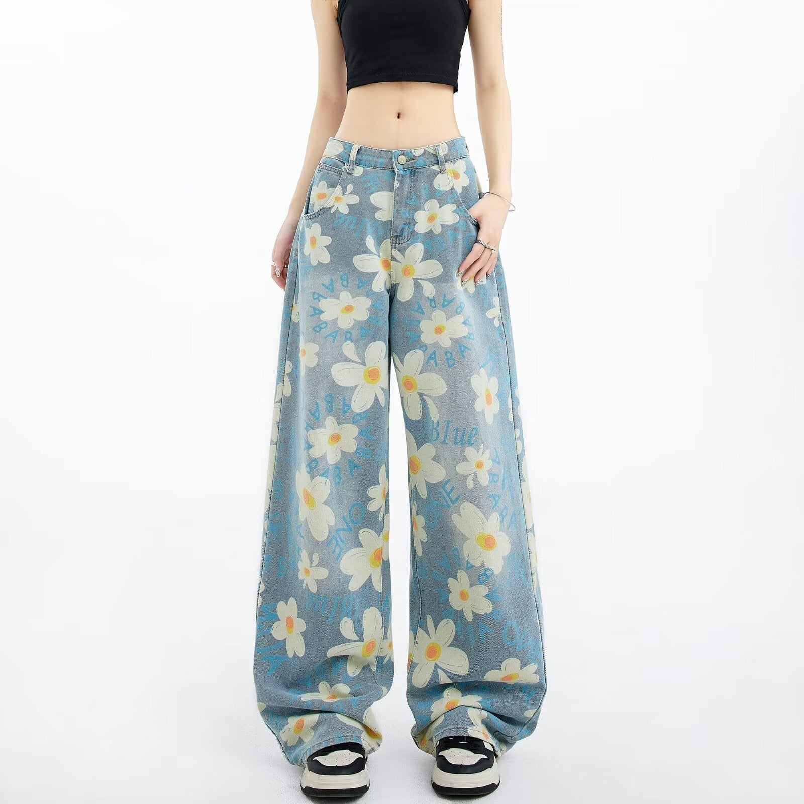 New Summer Printed Floral Wide-leg Washed Jeans For Women