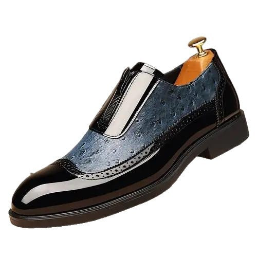 Ostrich Grain Embossed Zipper Pointed Plus Size Bright Leather Chelsea Men's Shoes