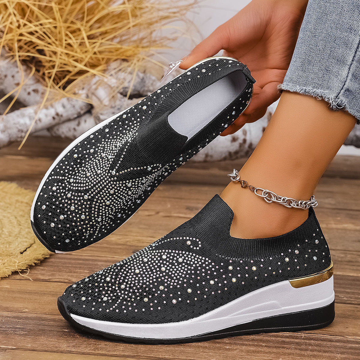 Pumps Women's Summer Wedge Round Toe Rhinestone Slip-on Women's Pumps Pumps