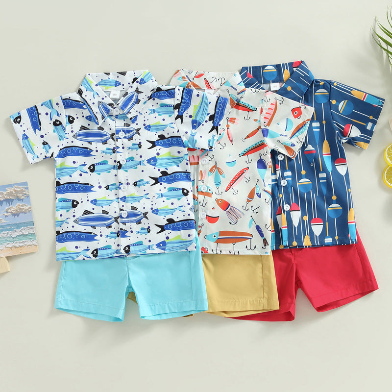 Boy Short Sleeve Printed Shirt Solid Color Shorts Casual Two-piece Suit