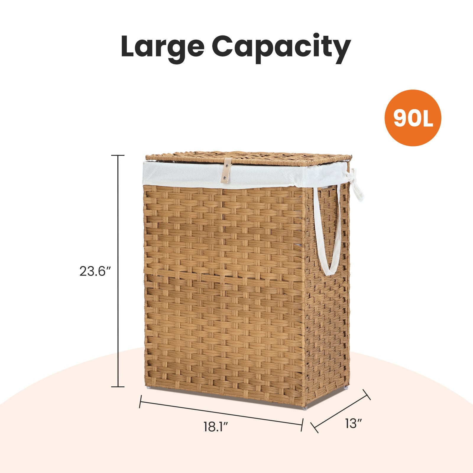 Laundry Basket With Lid, 110 L Hand-Woven Pp Rattan Laundry Basket With Compartments & Handles, Foldable, Removable Liner
